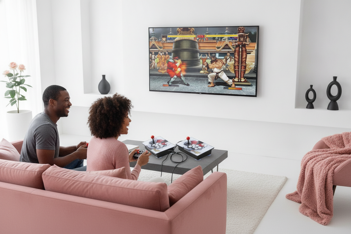 Two adults playing the Pandora Arcade Game Split Console in a modern living room with rose and charcoal decor.