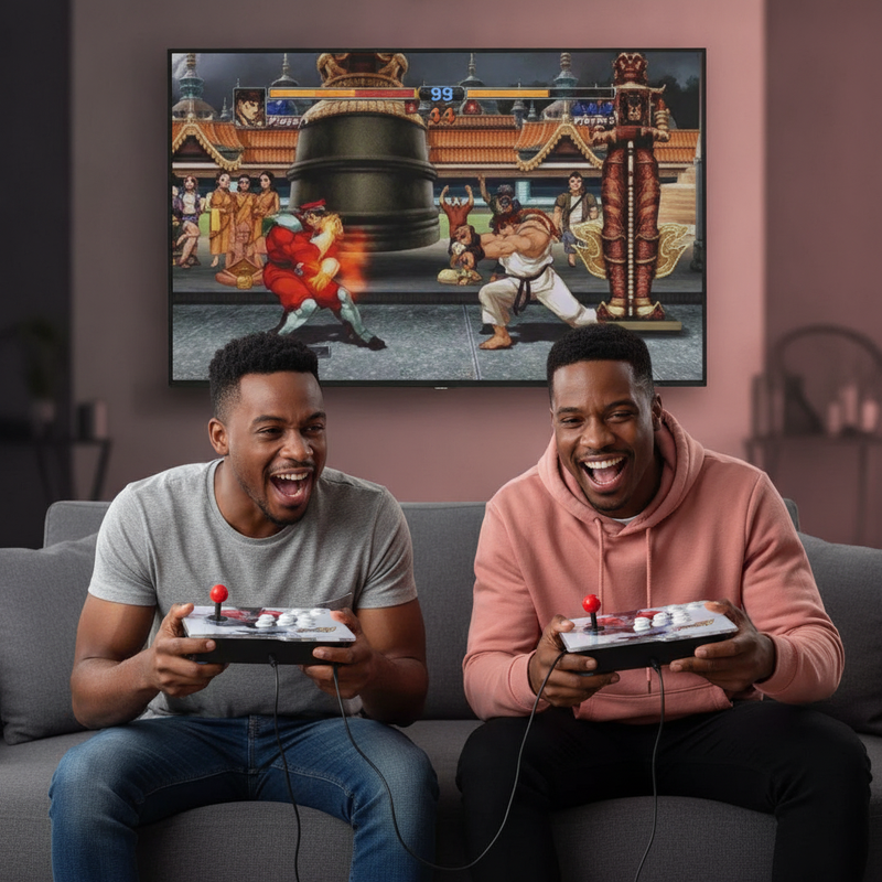 Two South African men playing a 2D arcade game on a Pandora Arcade Game Split Console, gripping authentic joysticks.