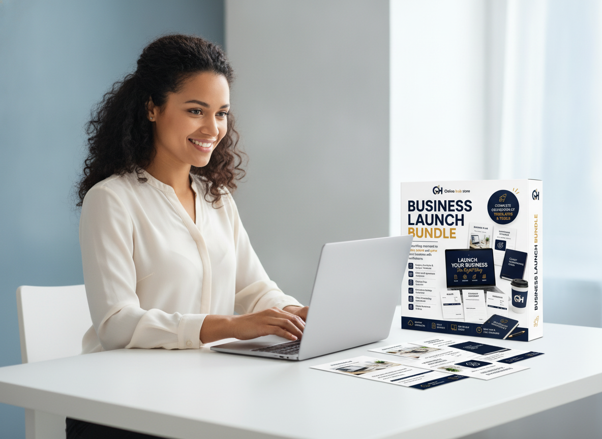 A smiling woman works on a laptop at a modern desk with the 'Business Launch Bundle' beside it, representing an organized, ef