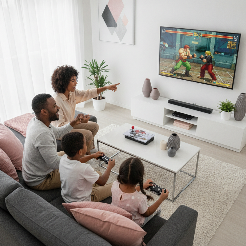 A diverse family in South Africa plays a Pandora Arcade Game Split Console in a modern living room, laughing and enjoying two