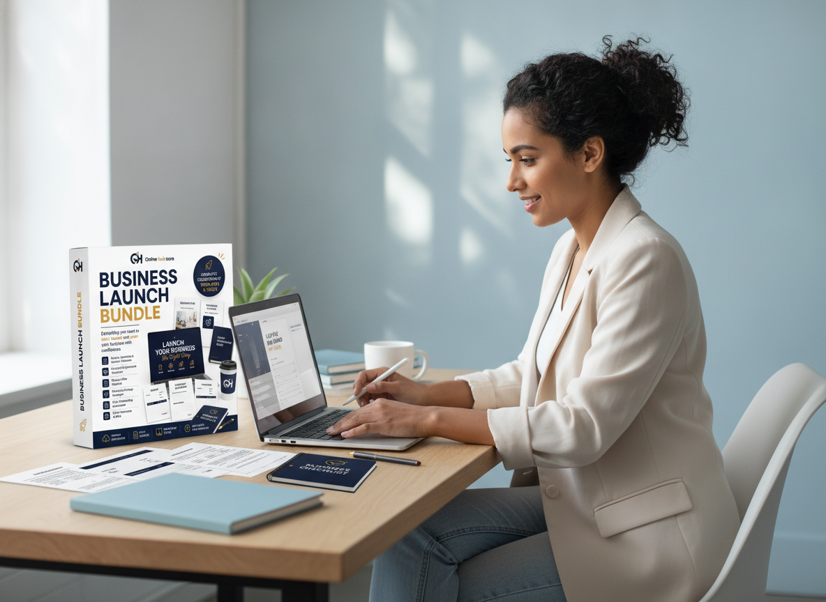 A person using a laptop with the Business Launch Bundle on a desk, demonstrating brand building with a creator toolkit.