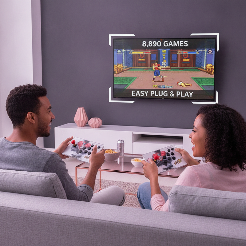 Two young adults in South Africa play the Pandora Arcade Game Split Console in a modern living room, highlighting two-player 