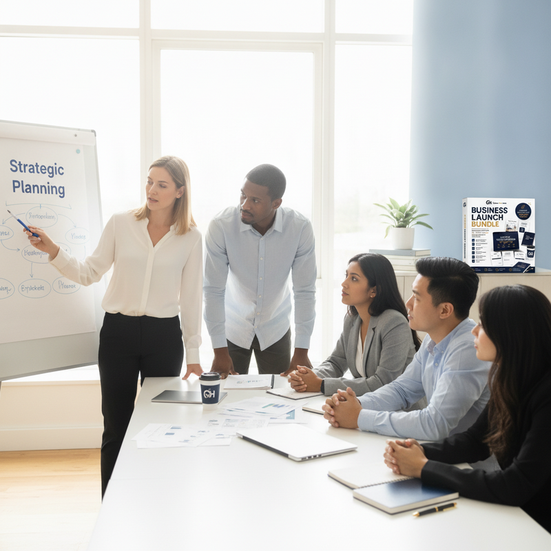 Diverse professionals collaborate in a modern office, one pointing at a whiteboard with 'Strategic Planning,' the Business La
