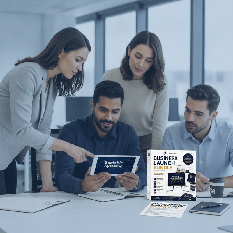 Four diverse professionals collaborate around a modern office table, one pointing to a tablet with 'Scalable Systems' display
