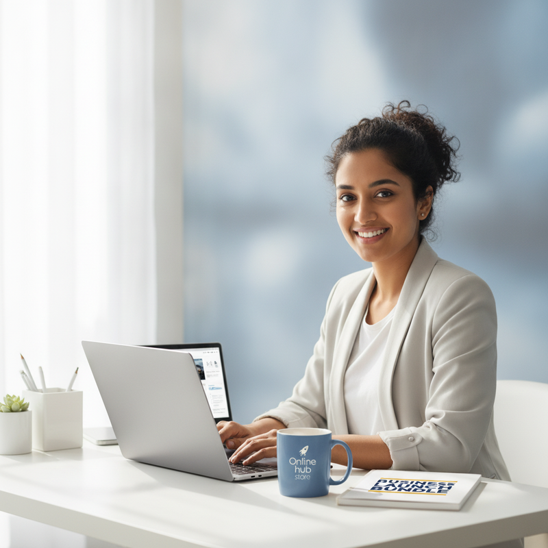 A diverse person smiling confidently at a modern home office desk with a laptop, subtle branding, and bright natural light.